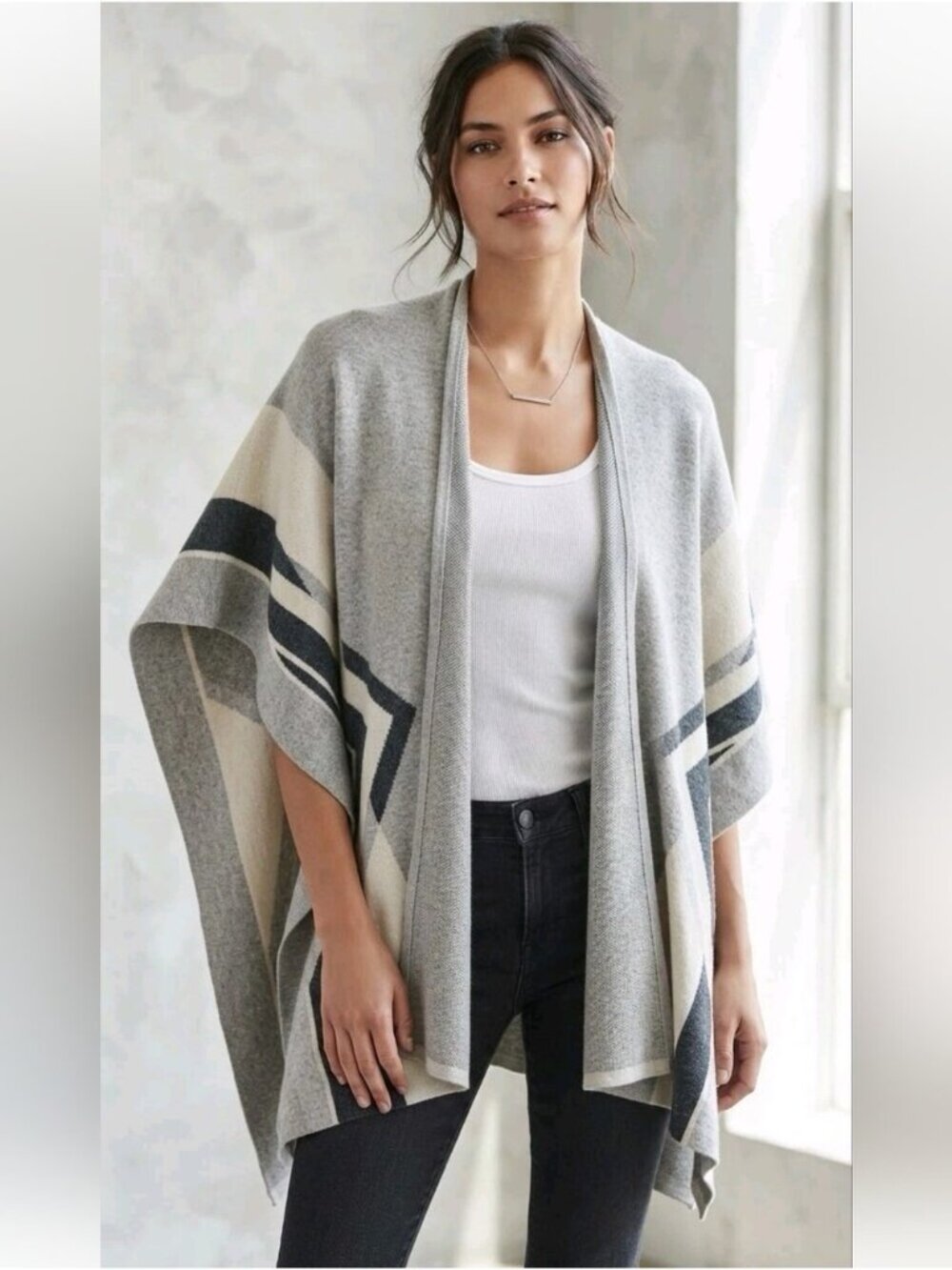 ROOTS | Tribal Pattern Open Front Blanket Wrap Poncho OS